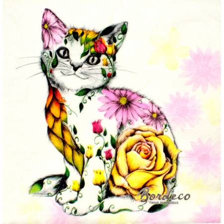 Serwetka decoupage seria DAISY kot w kwiaty 33x33cm